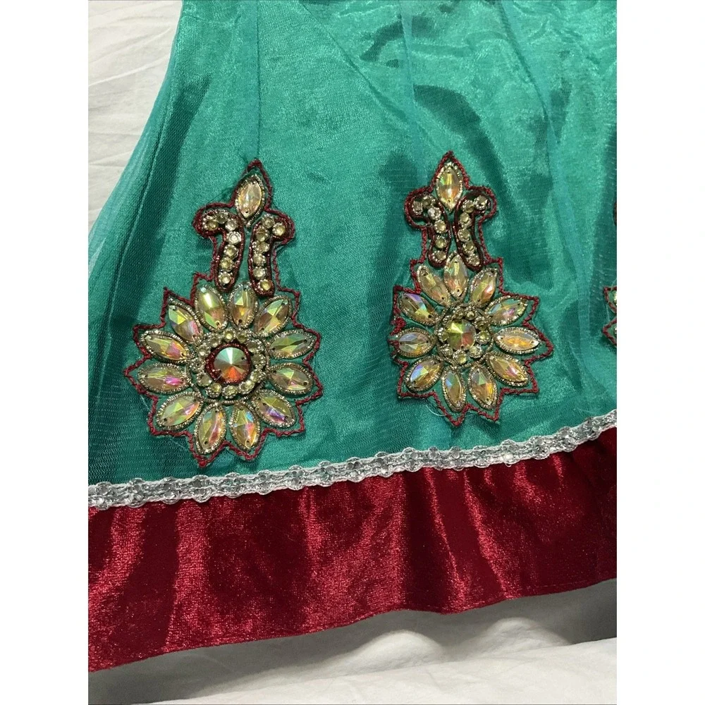 Flare Dress Girls Teal  Floral Embellished Sheer‎ Rhinestone India See Pictures